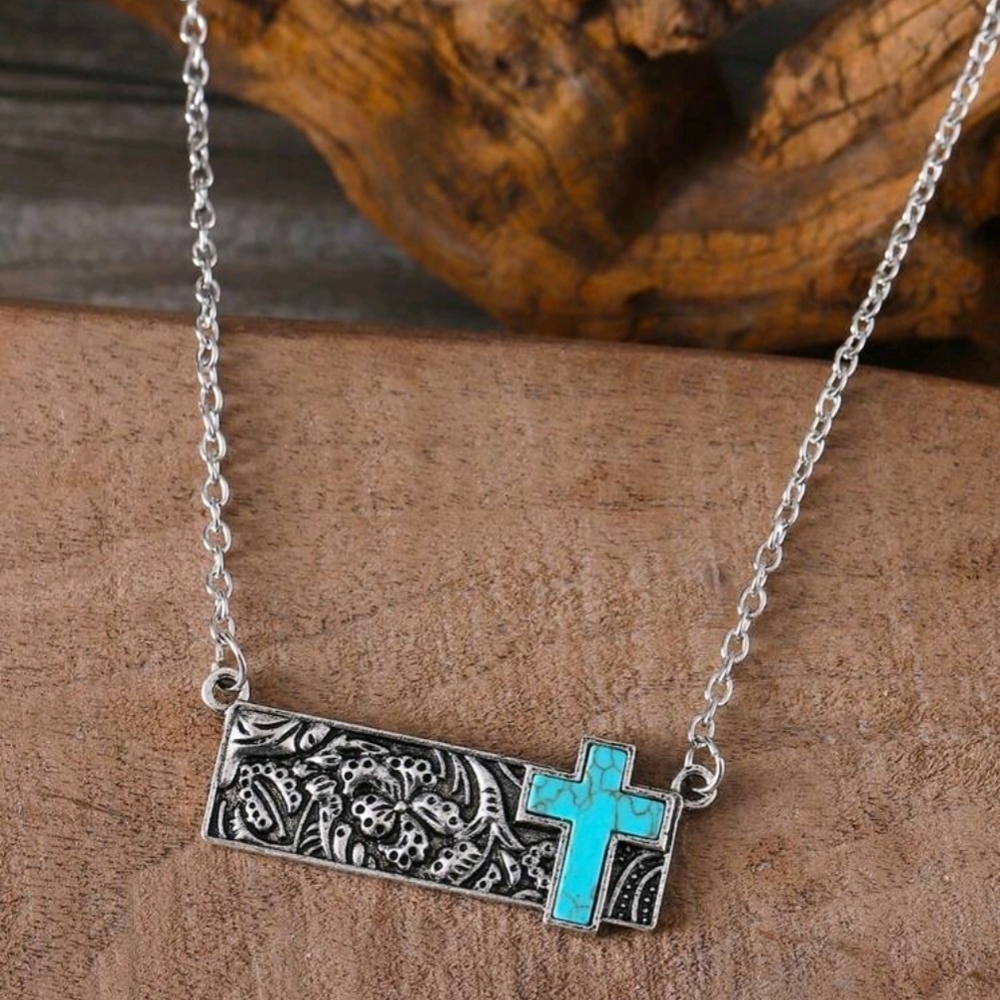 Western Faux Silver and Turquoise Cross Pendant Necklace Coastal Cowgirl - Picture 2 of 7